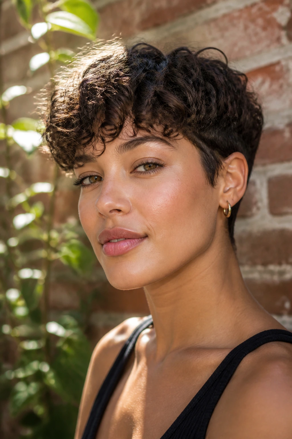 Real woman with short cut and curly fringe outdoors near brick wall