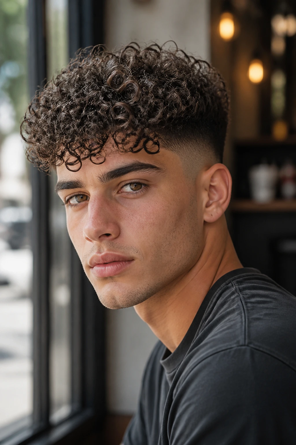 Close-up of real man with curly fringe and skin fade framing the face