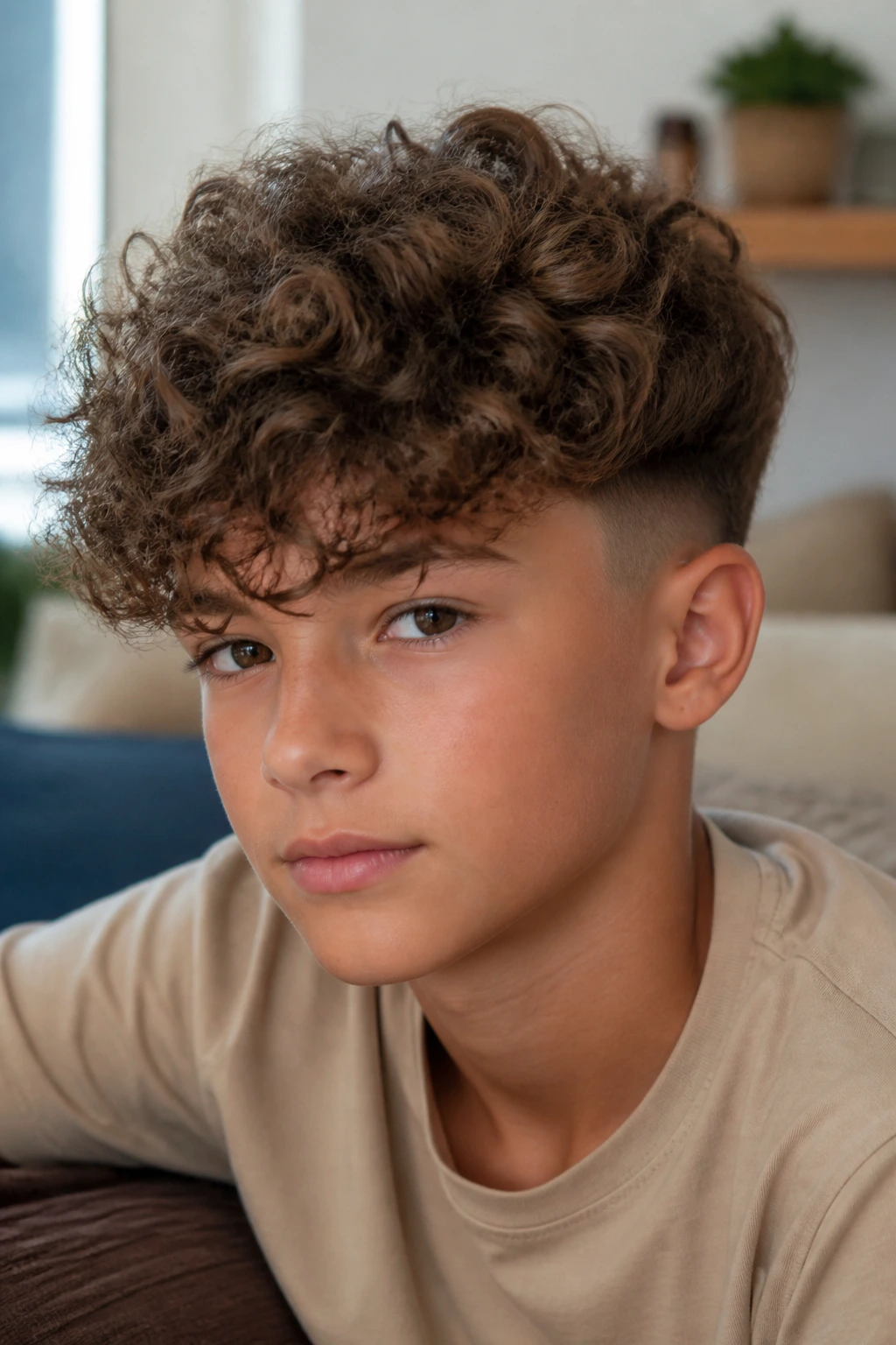Boy with curly fringe and soft taper