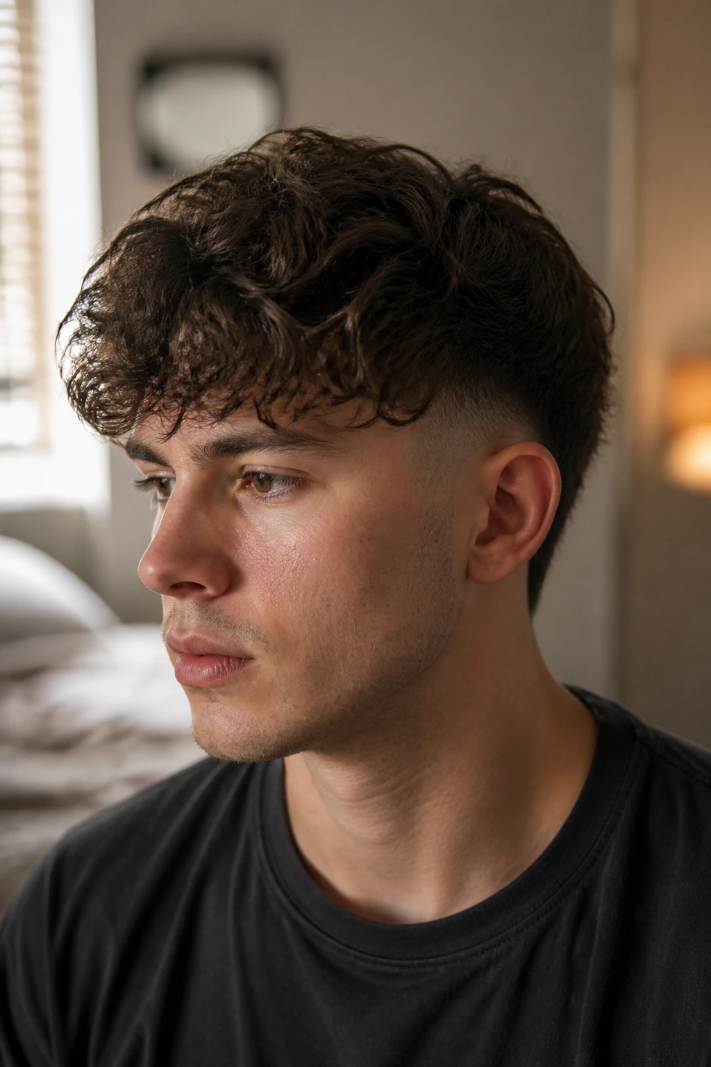 Close-up of real person with curly fringe taper, front curls and tapered sides.