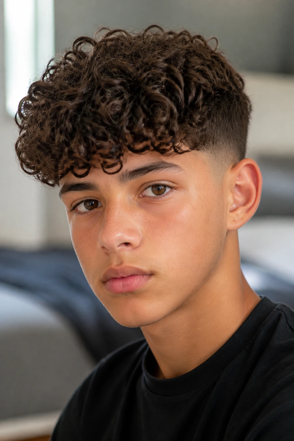 Close-up of a boy with curly fringe and tapered sides in natural light