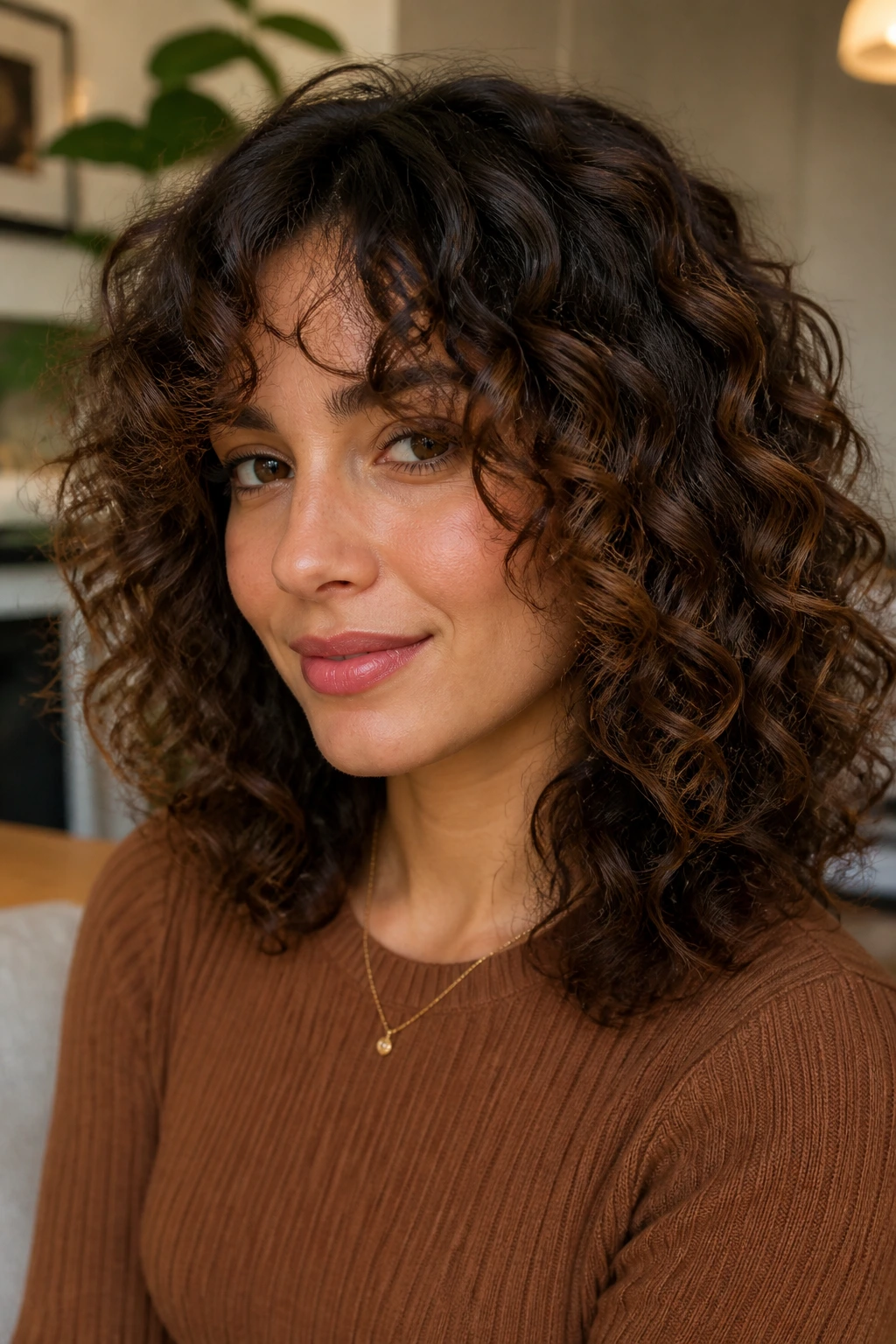 Close-up portrait of a real woman with curtain fringe on curly hair under warm window light