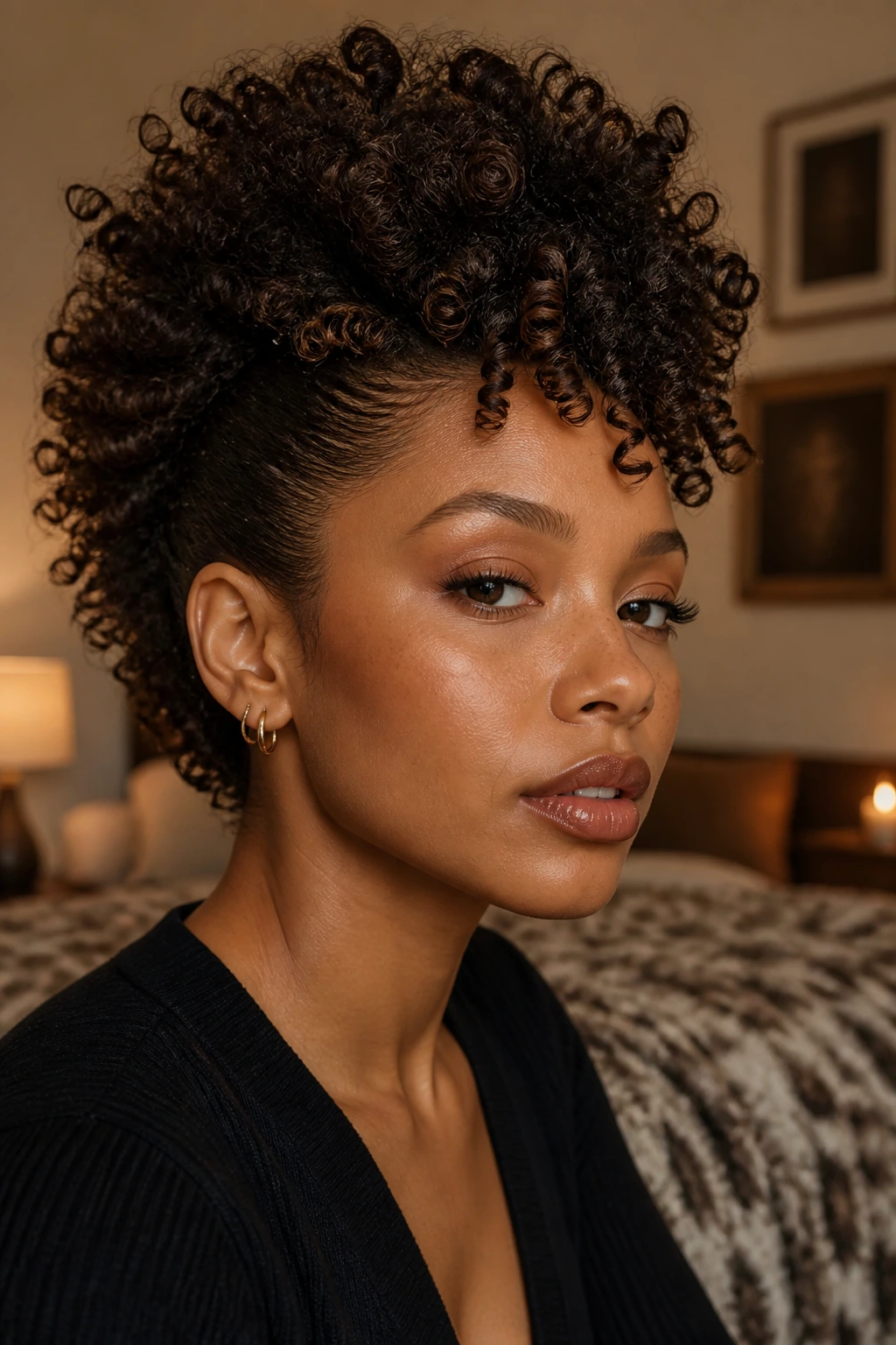 Close-up portrait of a real person with a curly frohawk and pinned sides