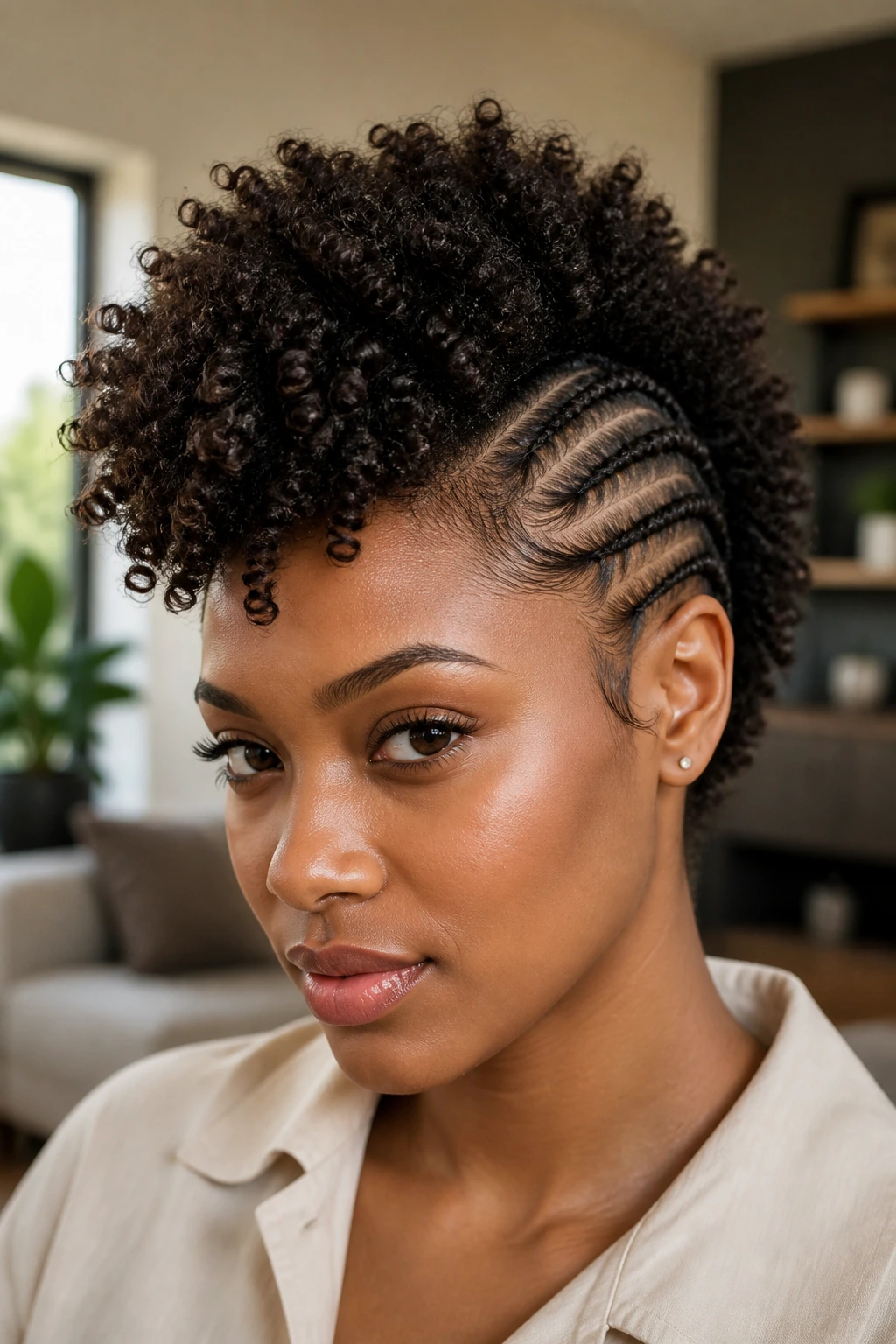Curly frohawk with braided sides hairstyle on a real person