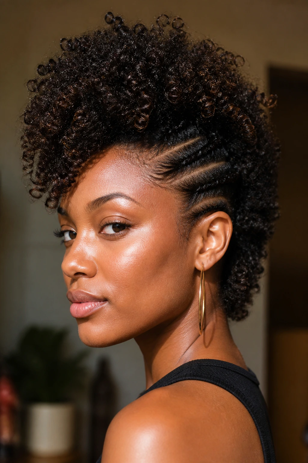 Close-up of a real woman with curly frohawk and crown lift