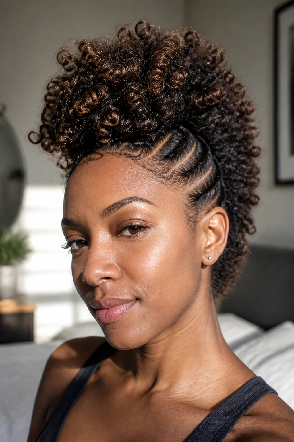 Close-up of a real person with a curly frohawk hairstyle featuring a high center ridge.