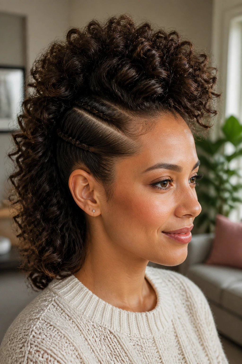Close-up of a real woman with curly frohawk and soft volume on medium-length hair