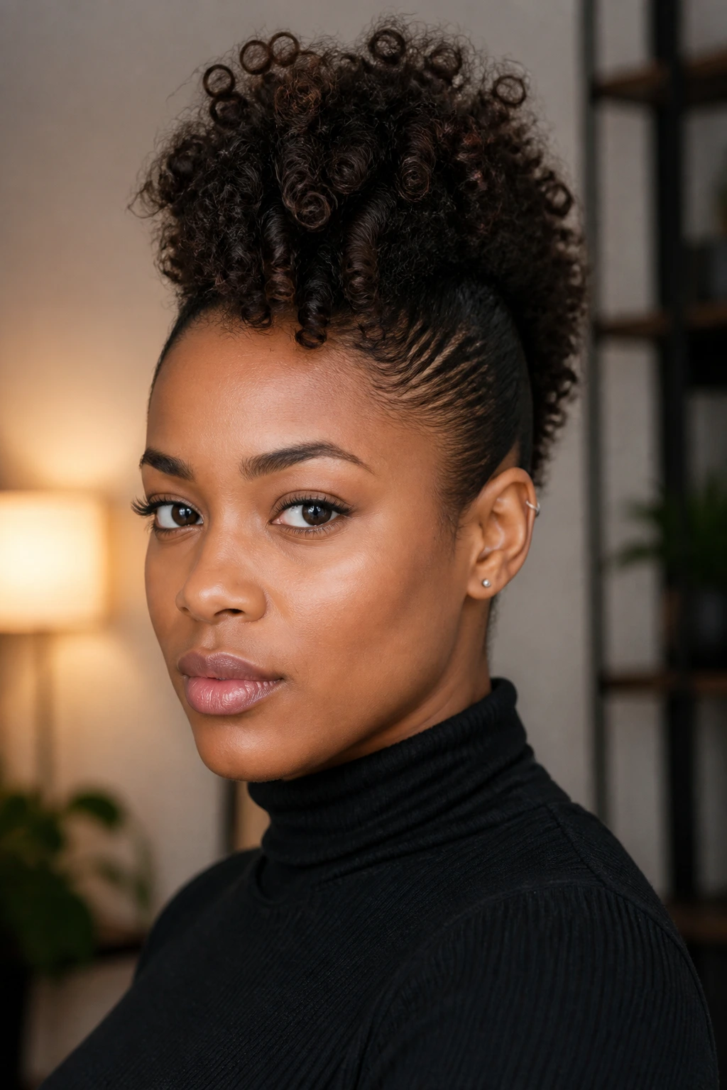 Portrait of a real woman with a curly frohawk, center height and shaved-like sides.