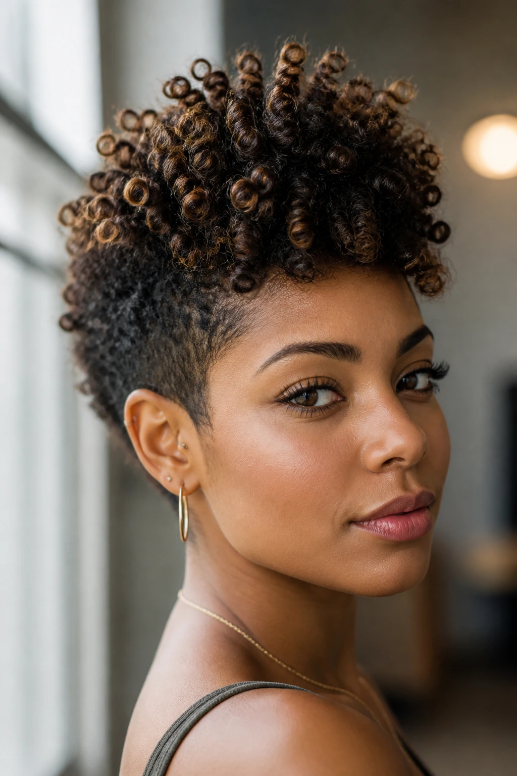 Close-up of a real woman with a curly frohawk spike hairstyle