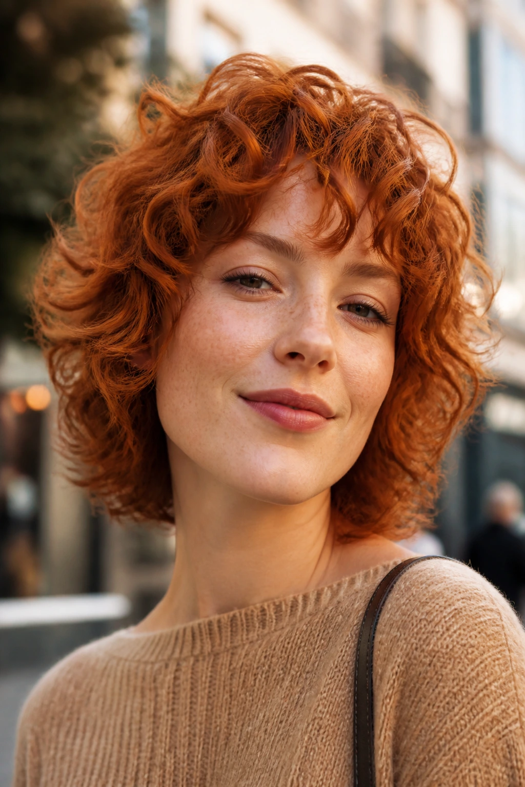 Close-up of a real person with curly ginger shag and rounded layers