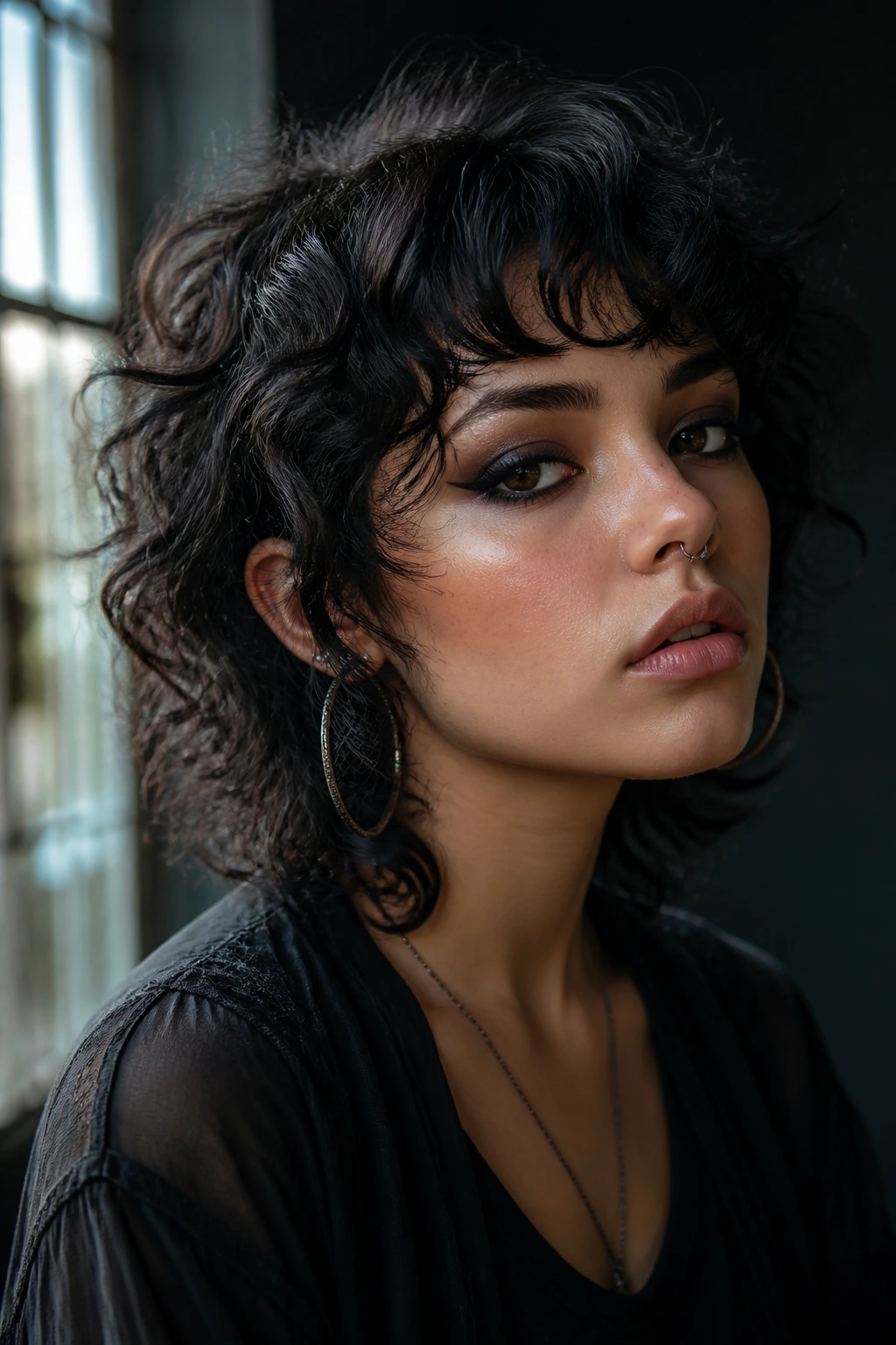 Portrait of a woman with curly goth shag and curved fringe in moody light