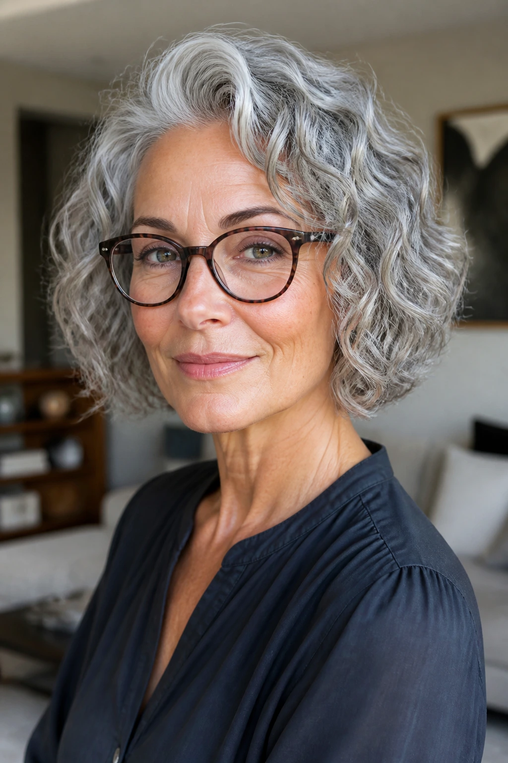 Close-up portrait of a real woman with a curly gray bob hairstyle