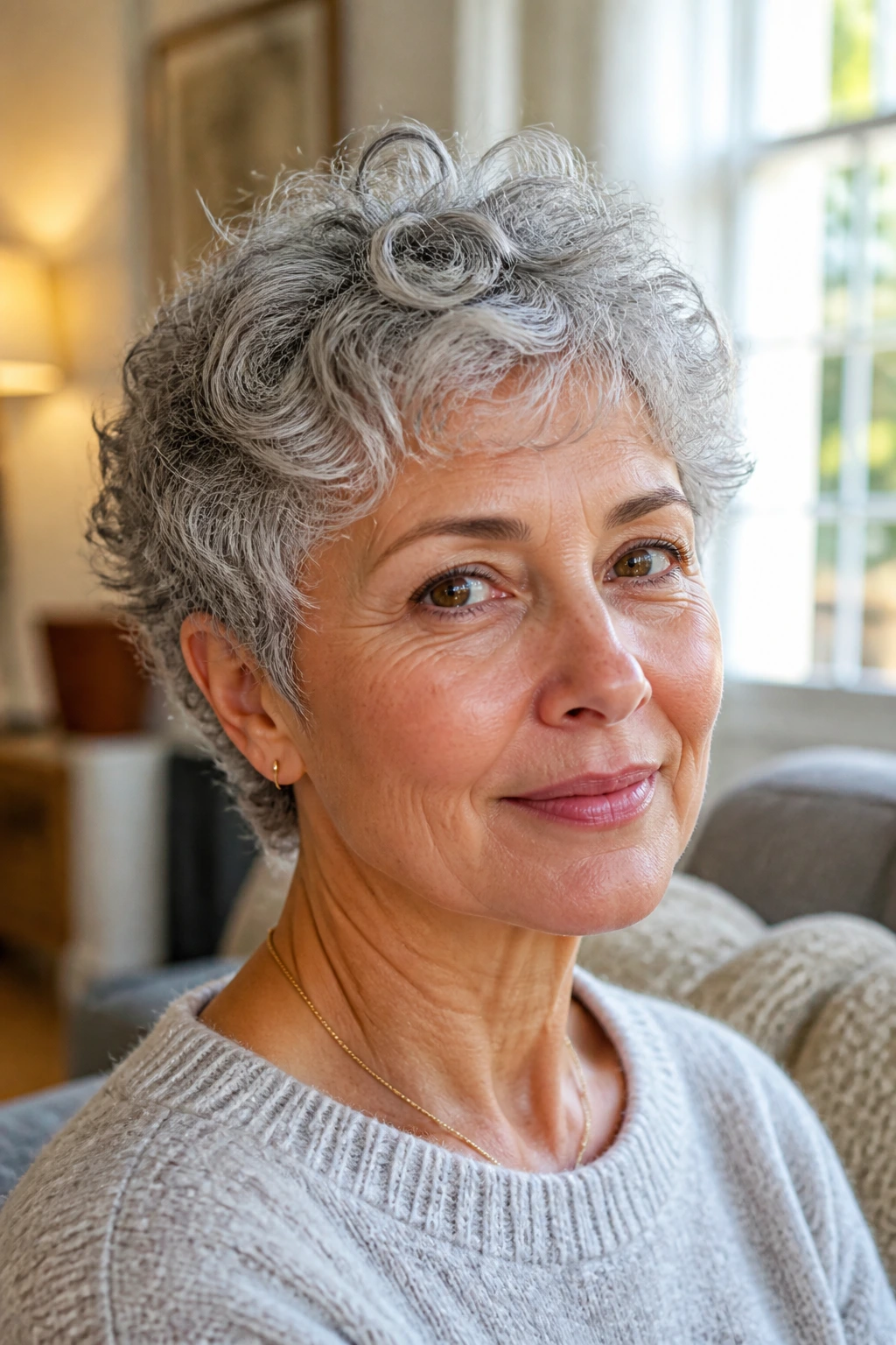 Close-up of a real woman with curly gray hair and a soft fringe