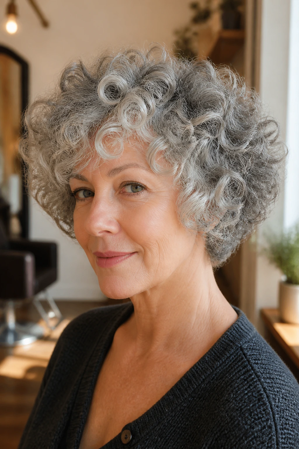 Close-up of a real woman with curly gray halo cut highlighting crown silhouette