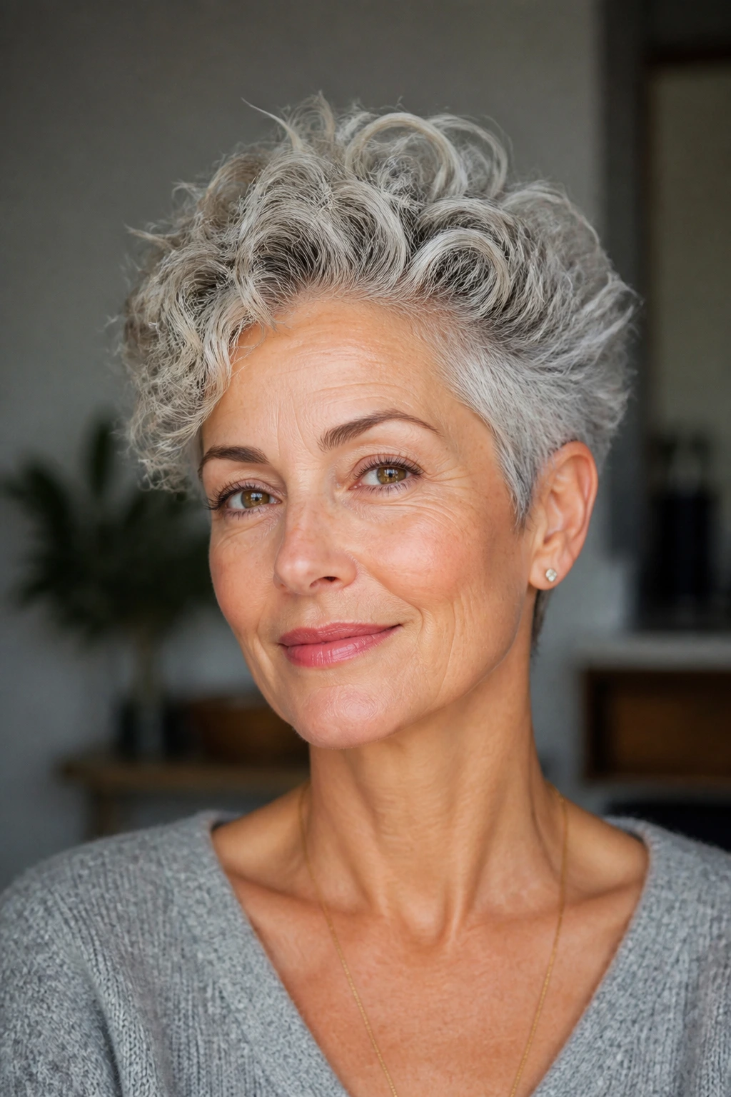 Close-up of a woman with a curly gray pixie and lifted crown