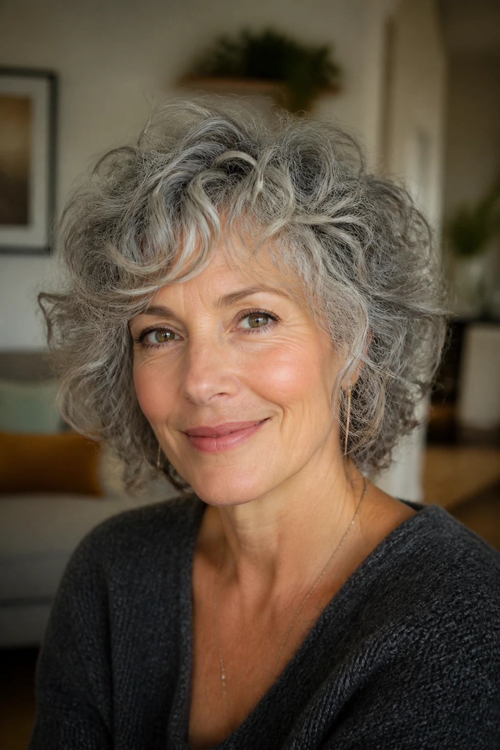 Real woman with curly gray shag haircut showing movement.