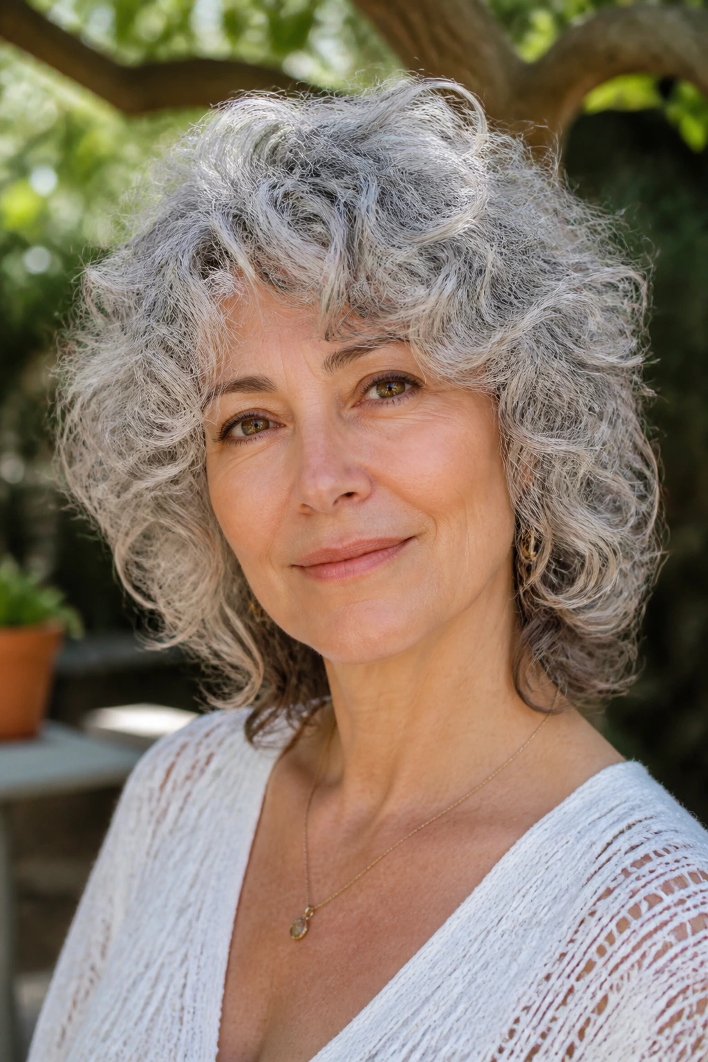 Real woman with curly gray shag hairstyle