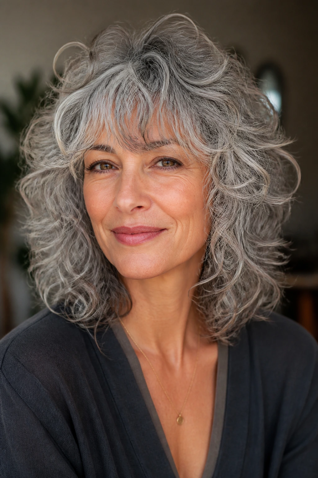 Portrait of a woman with curly gray shag and airy fringe