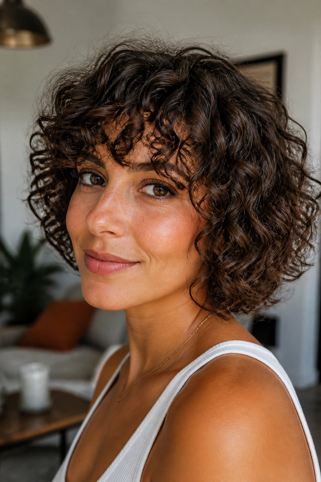 Close-up portrait of a real woman with a chin-length curly bob and curly bangs, thick textured hair.