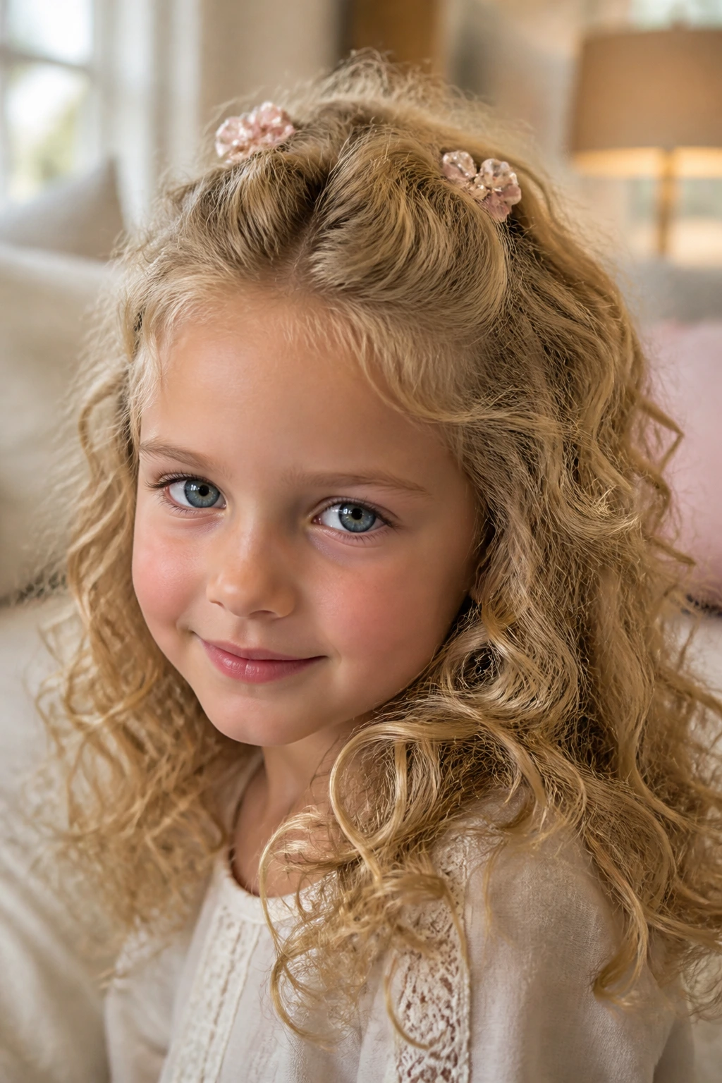Close-up of a real girl with curly blonde hair in a half-up clip-back style in a cozy bedroom