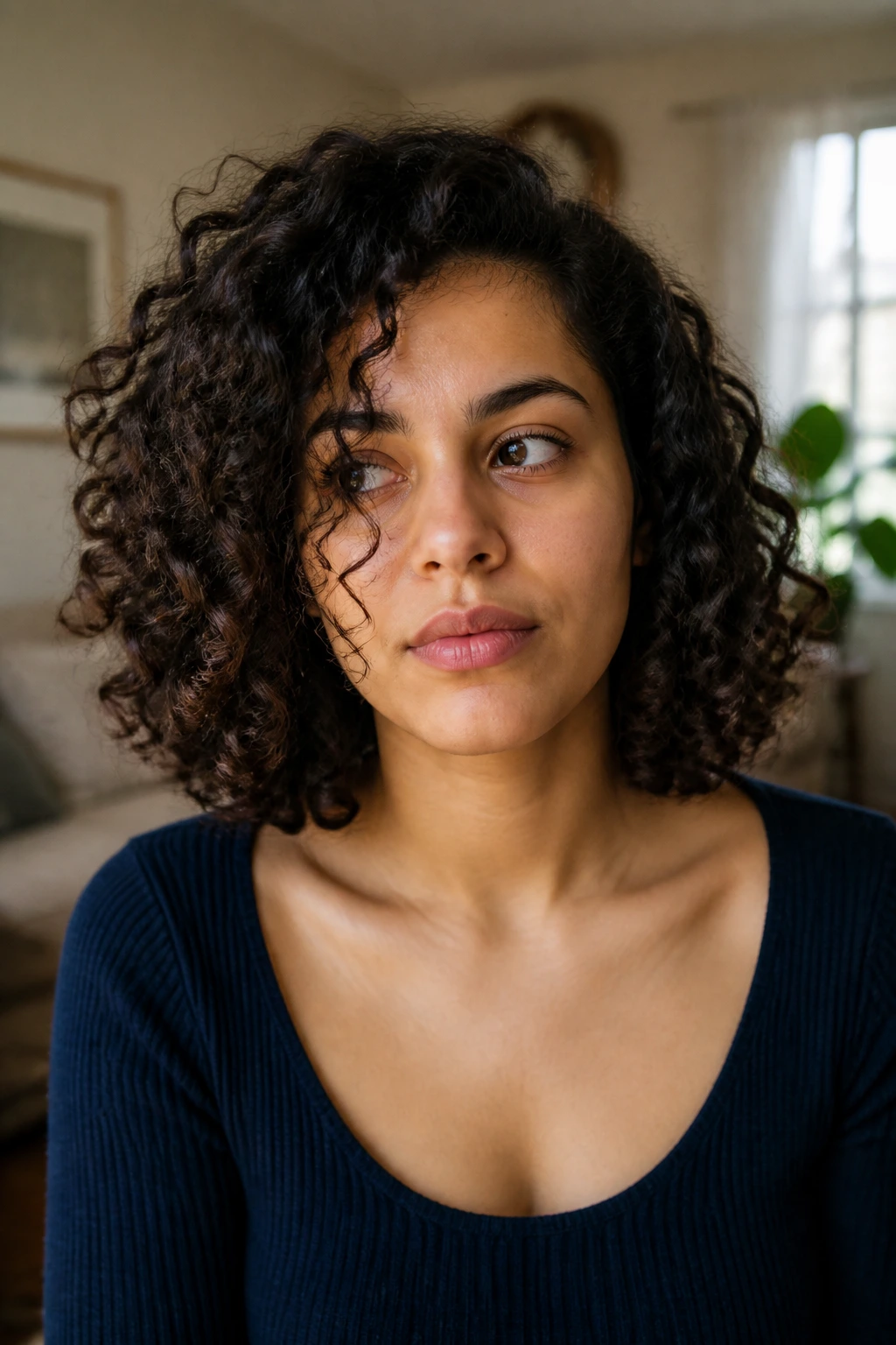 Close-up of a person with curly hair showing how curls interrupt a straight bob silhouette