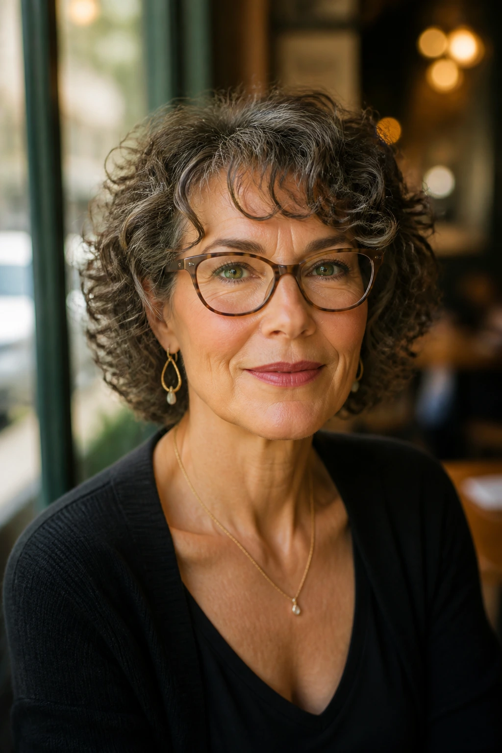 Close-up portrait of a real woman with a chin-length curly bob wearing glasses and earrings
