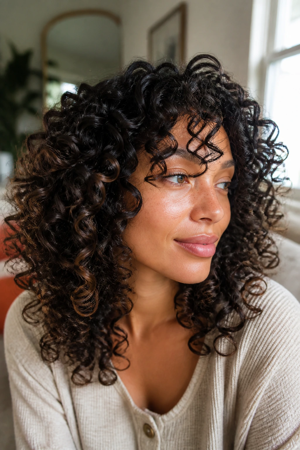 Close-up portrait of a real woman with defined curly hair and soft bounce