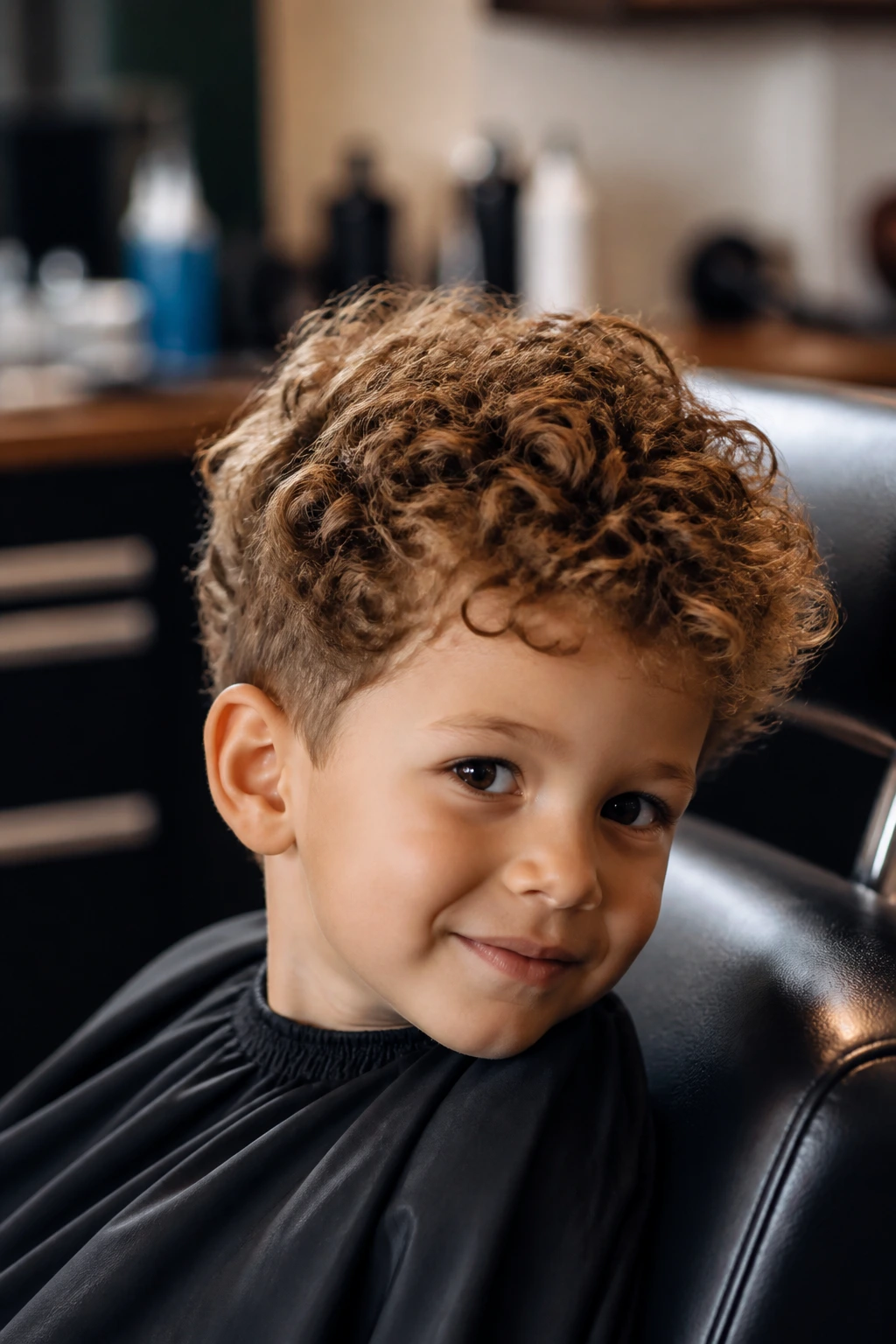 Portrait of a boy in a barber chair showing curly hair.