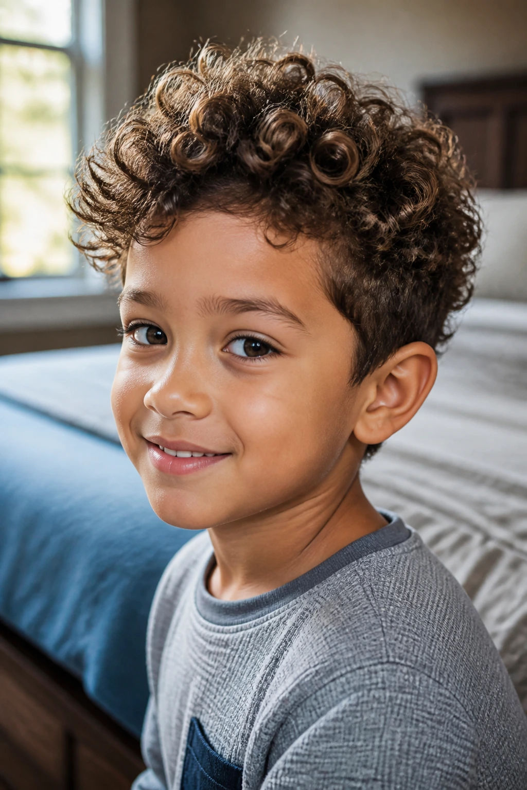 Close-up portrait of a real little boy with curly hair in a cozy bedroom.