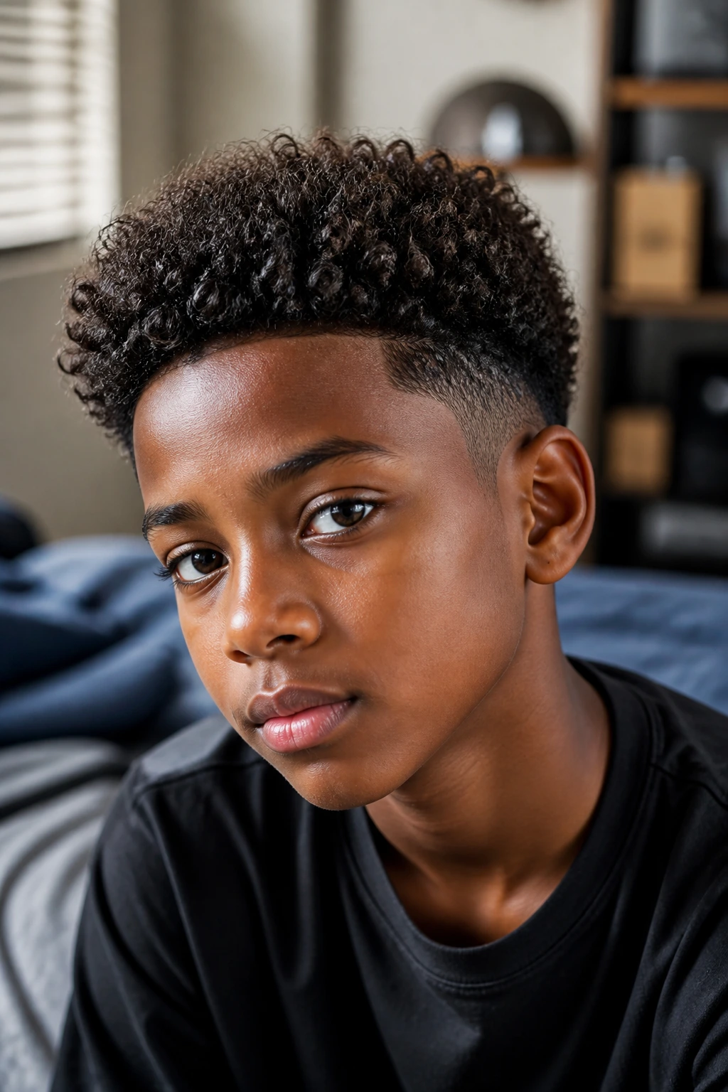 Close-up portrait of a real Black boy with curly hair showing haircut shape and curl pattern.