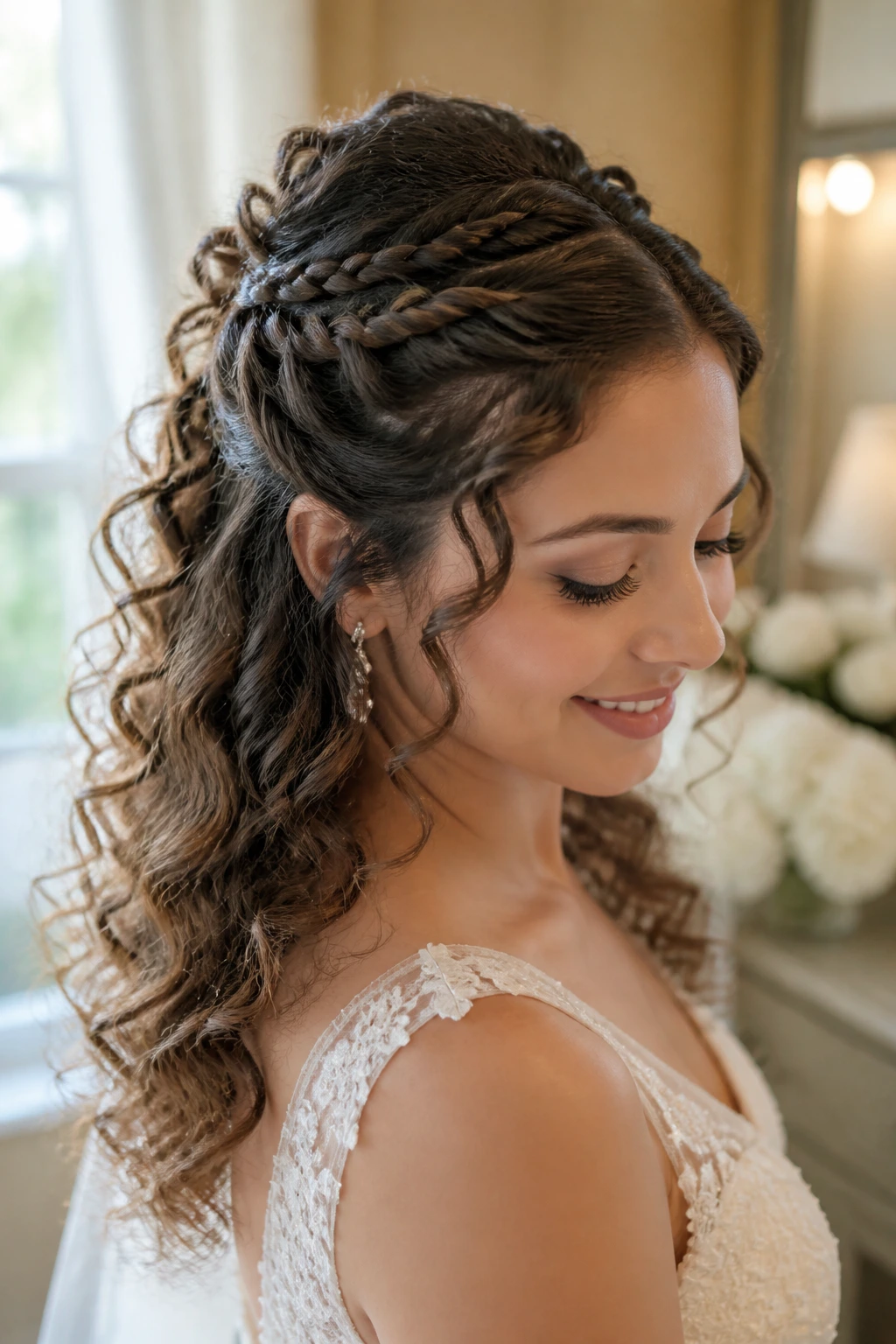 Close-up of curly half-up hairstyle with tiny crown braids on a real bride