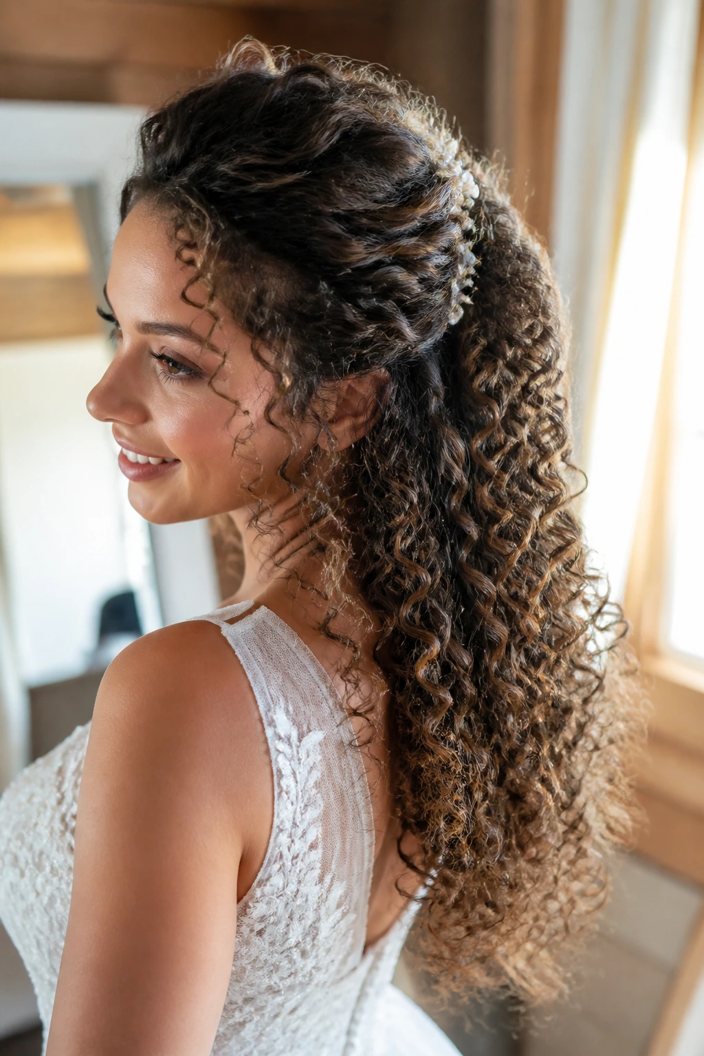 Close-up of a real bride with Curly Cascade Half-Up hairstyle featuring pinned crown and flowing curls