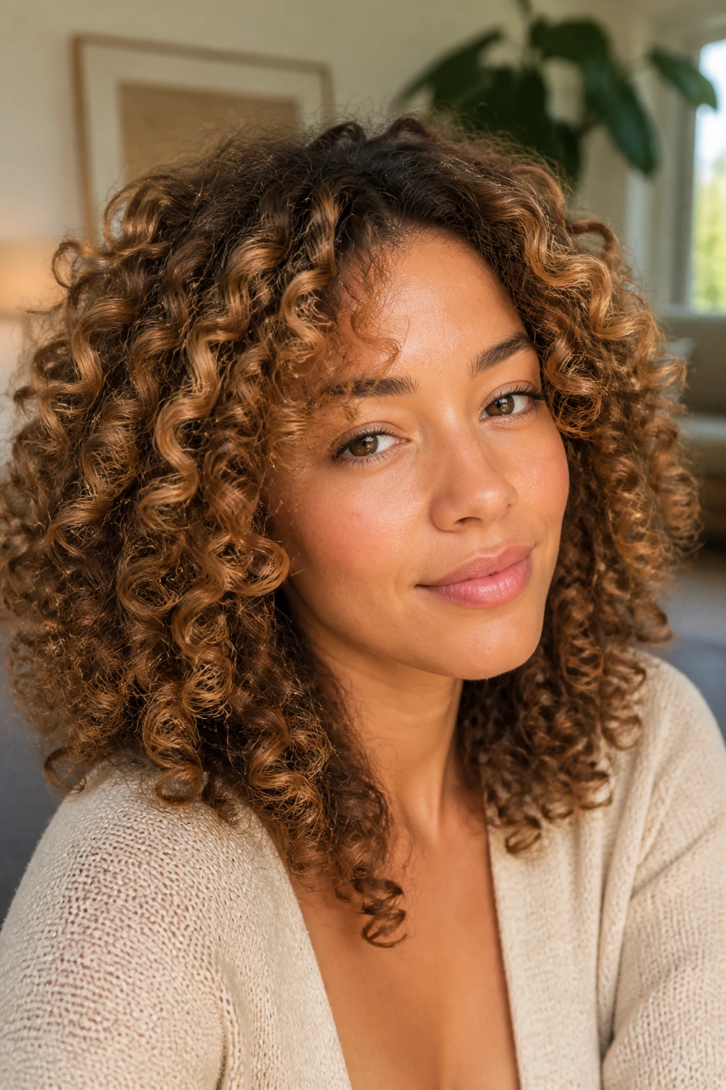 Close-up of a real woman with curly bronze halo framing the face