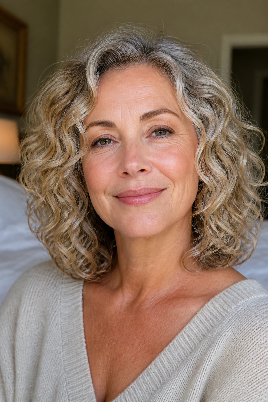 Close-up of rounded curls at collarbone length on a real woman
