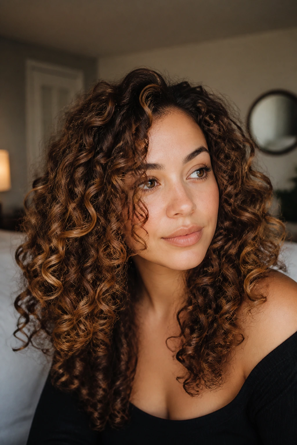 Close-up of a real woman with curly hair showing dimensional color ideas