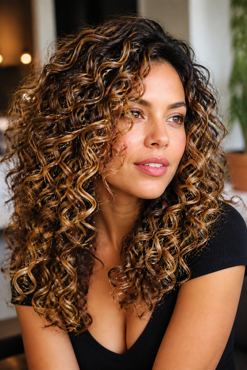 Portrait of real person with curly hair showing wearable color ideas
