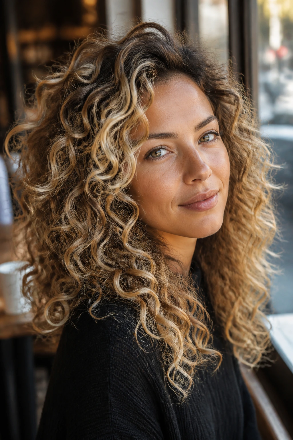 Curly-haired woman shows varied color placement to illustrate blonde color ideas for curls