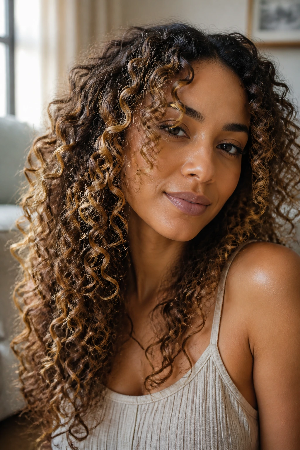 Close-up of curly hair showing color variation along coils