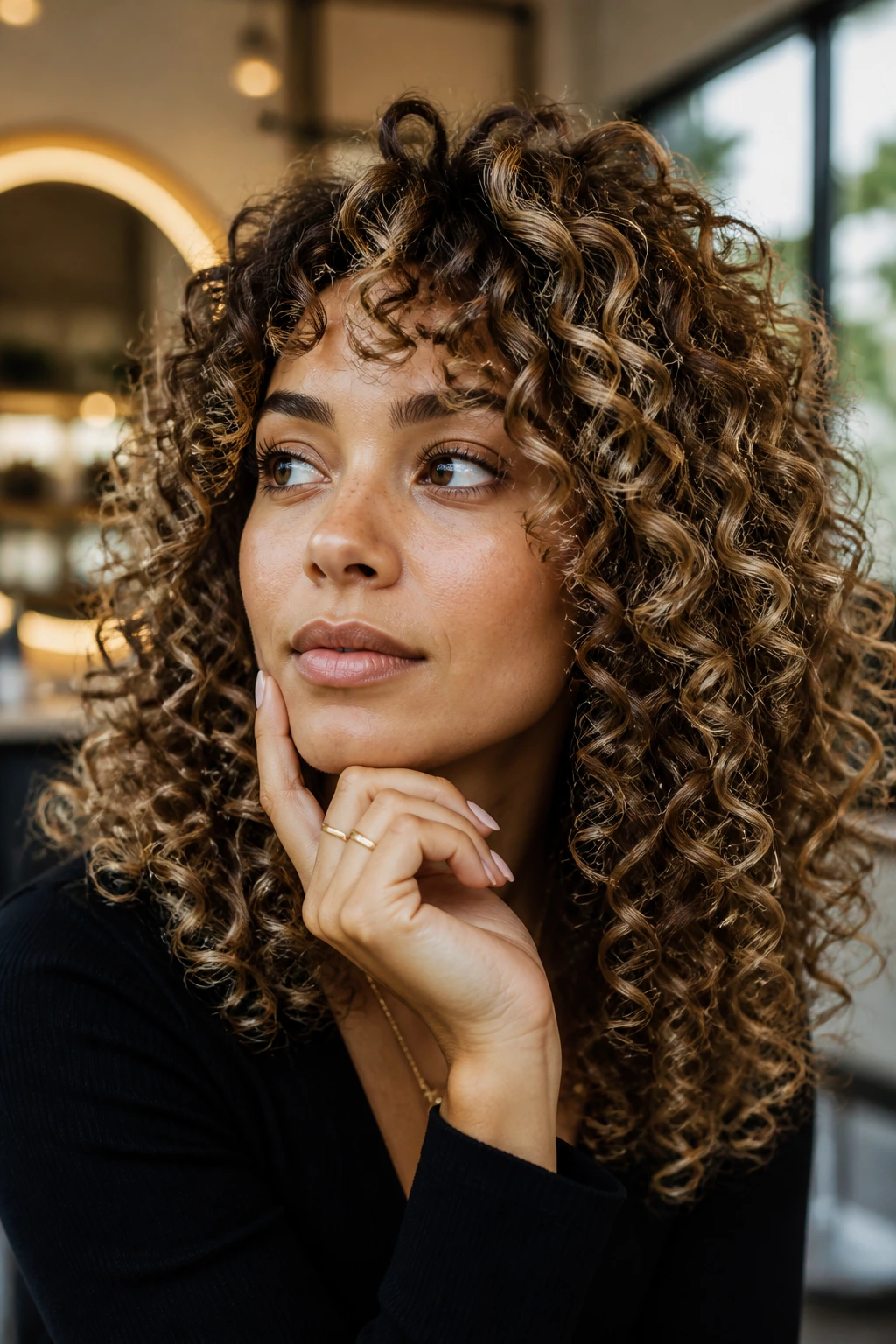 Portrait of a person with curly hair in a salon, thoughtful look suggesting coloring questions