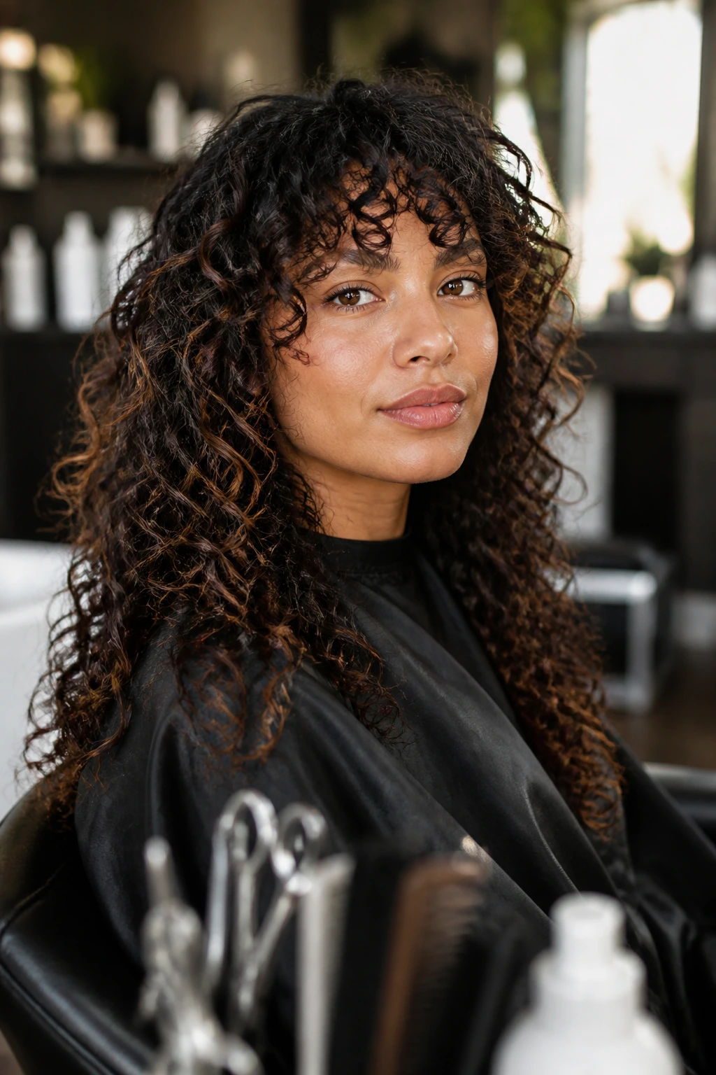 Close-up of a client in a salon chair discussing haircut preferences with warm light