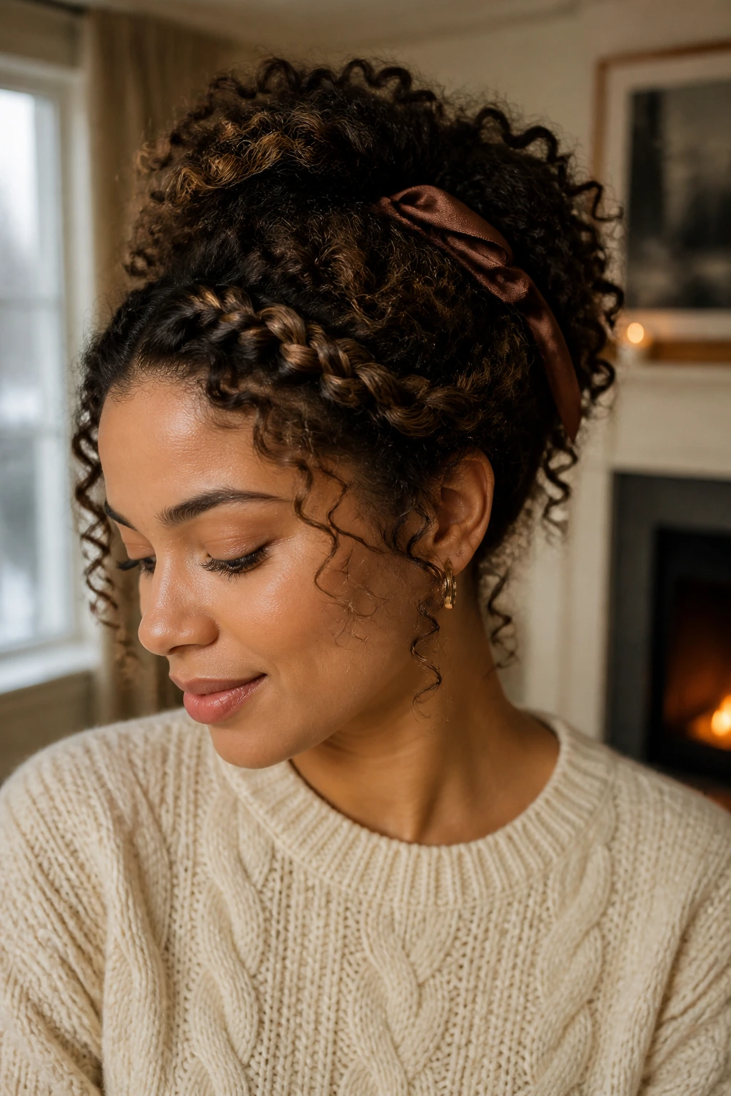 Portrait of a real woman with curly hair in a crown braid/updo.