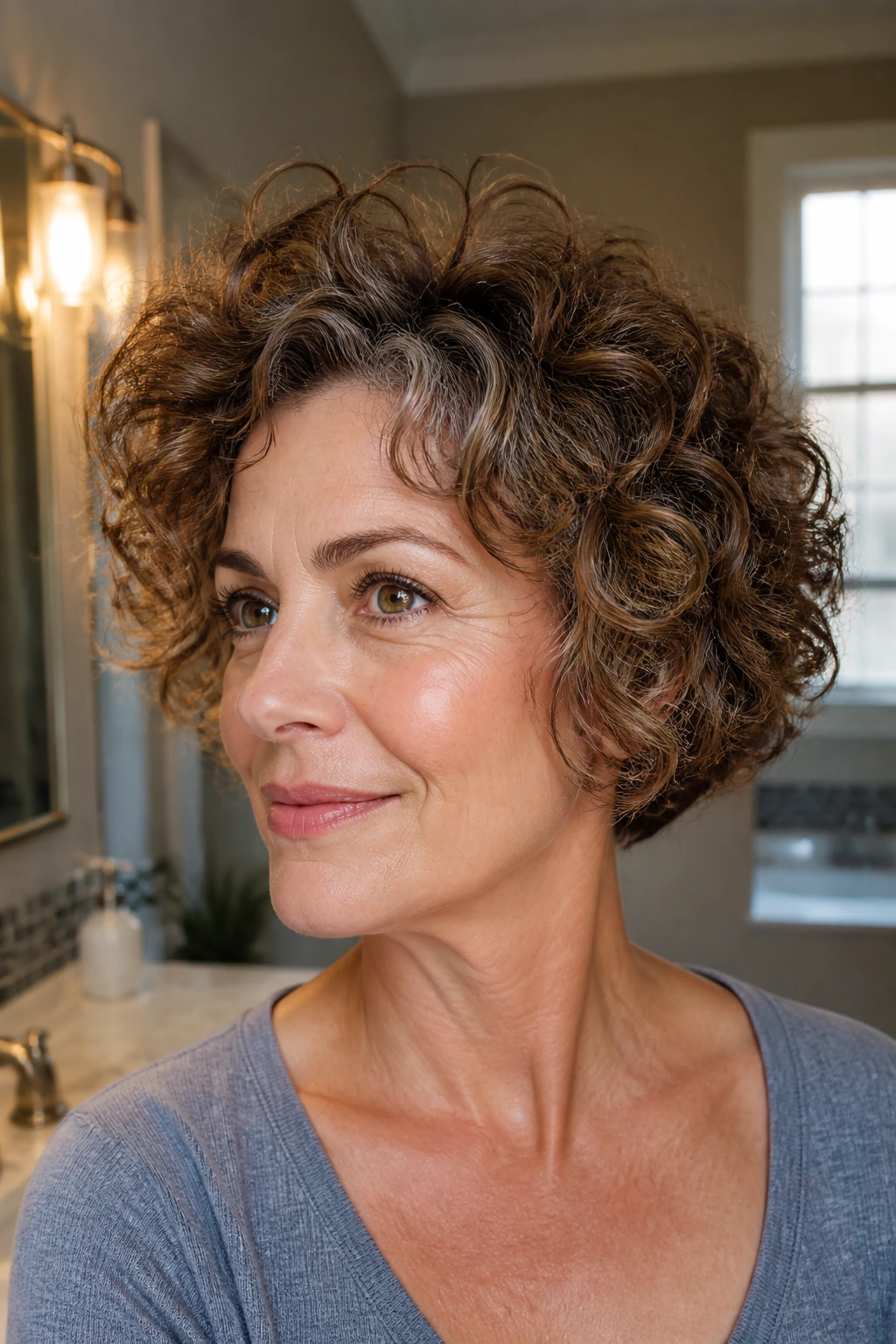 Real woman with short curly bob showing crown volume tweaks