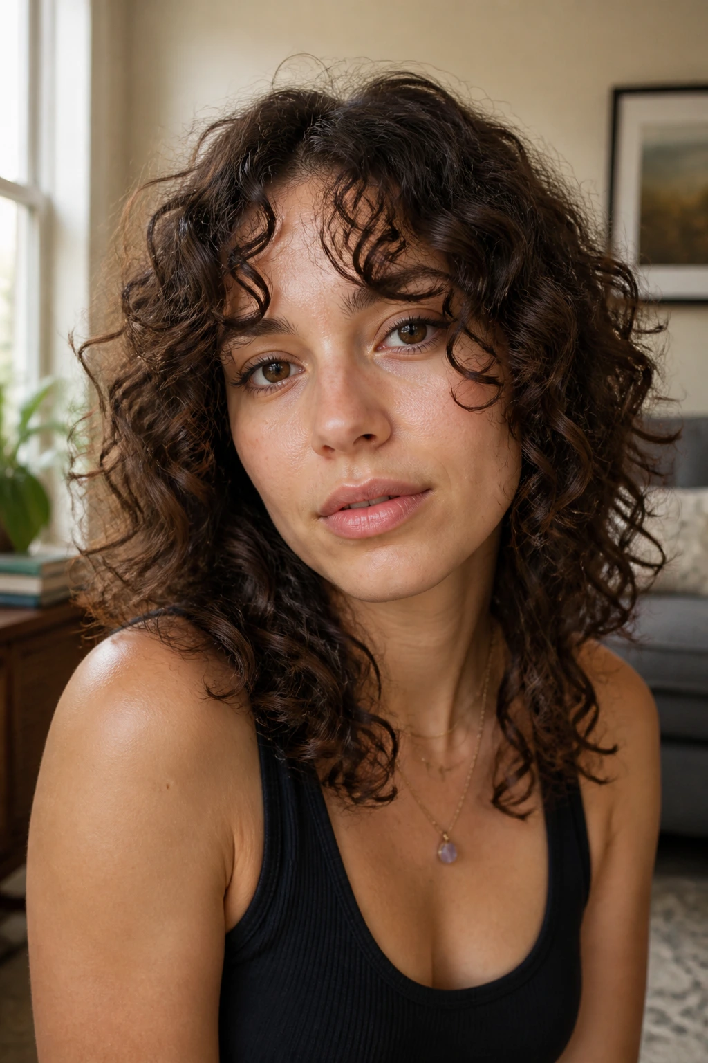 Close-up of a real woman with curly hair and curtain bangs curling open around the eyes