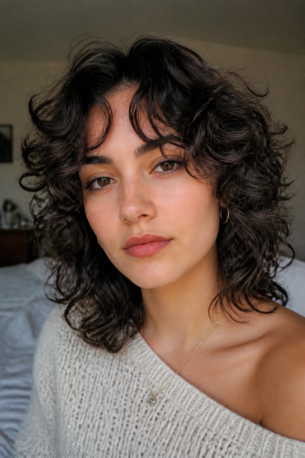 Close-up portrait of a real person with curly hair and curtain bangs in soft window light