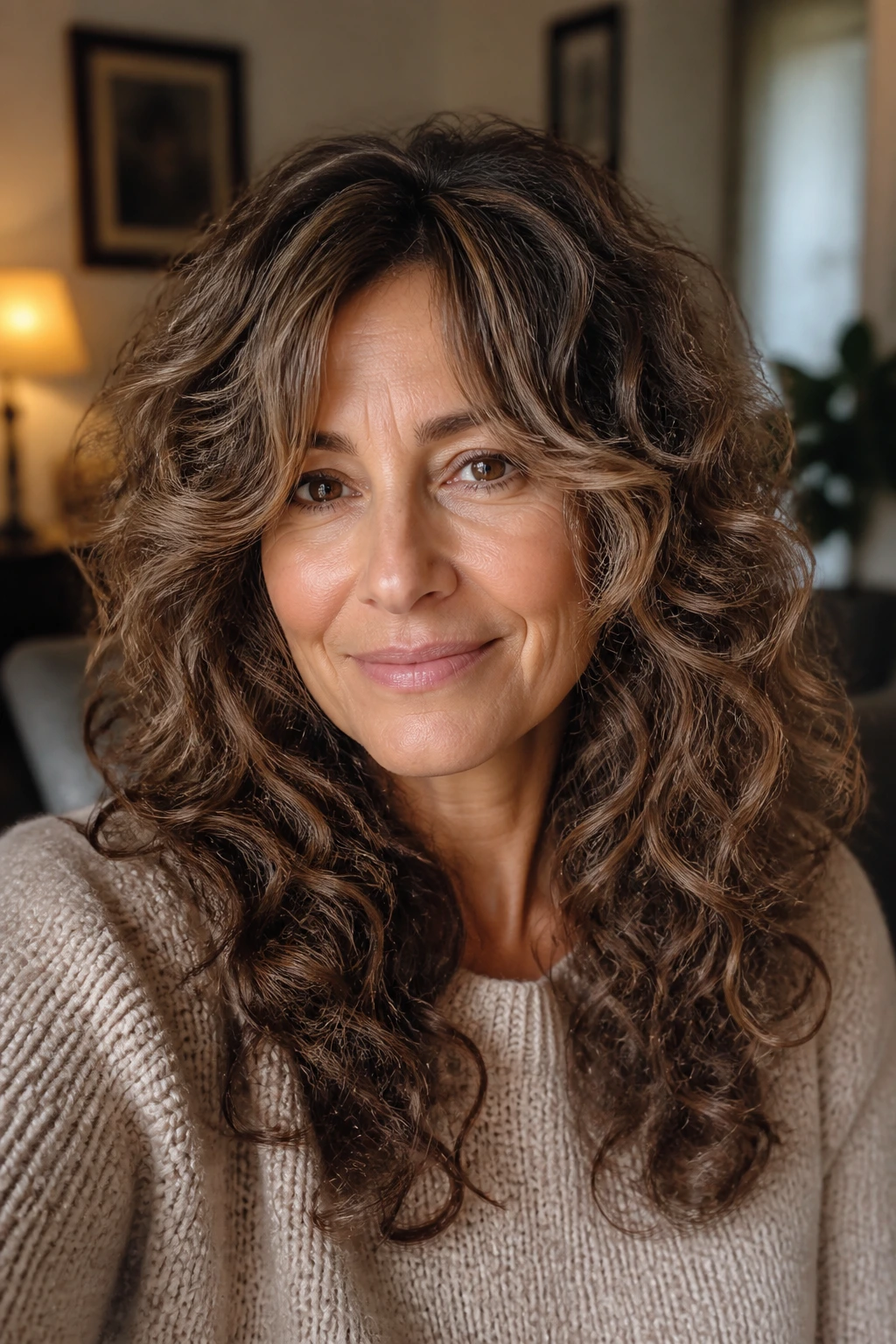 Real woman showing face-framing curtain layers on curly hair