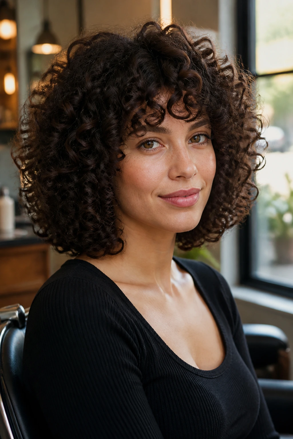 Close-up portrait of a real person with thick curly hair showing density and a blunt perimeter edge.