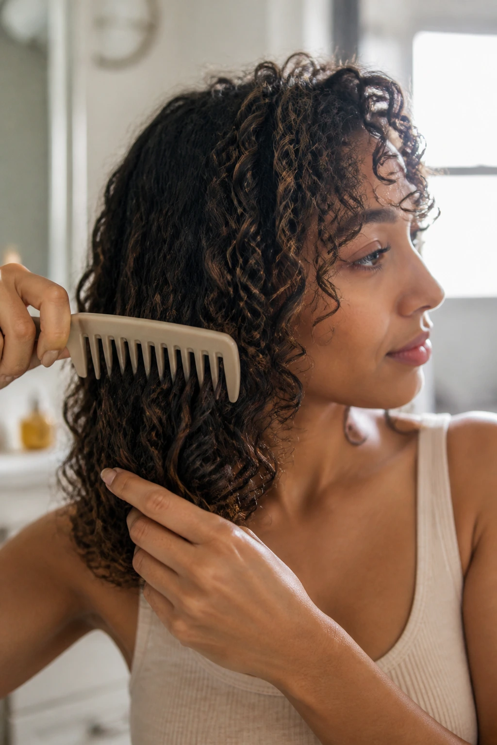 Close-up of a wide-tooth comb detangling curly hair on a real person in a bathroom.