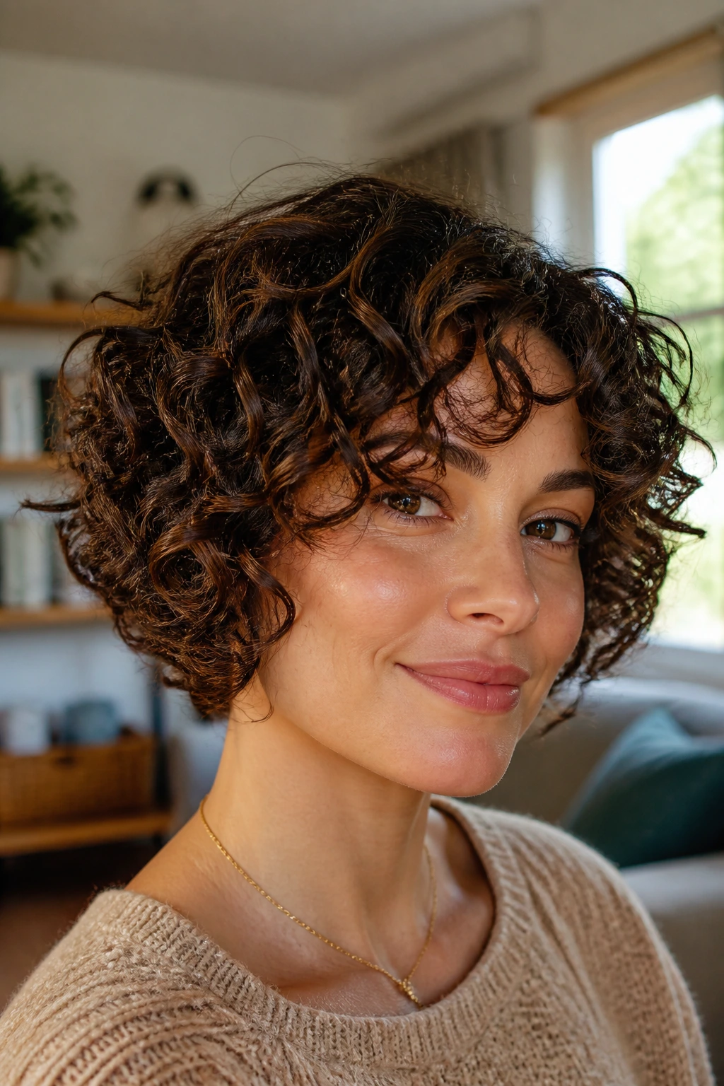 Close-up portrait of a real woman with a chin-length curly hairstyle, emphasizing dry-shape