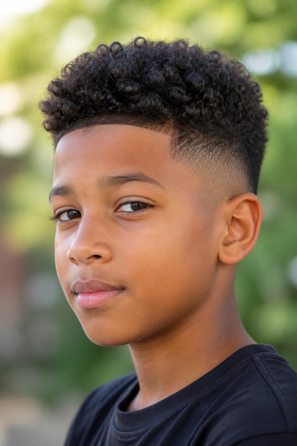 Close-up of a real Black boy's curly hair with varied top textures and a subtle fade in a natural outdoor setting