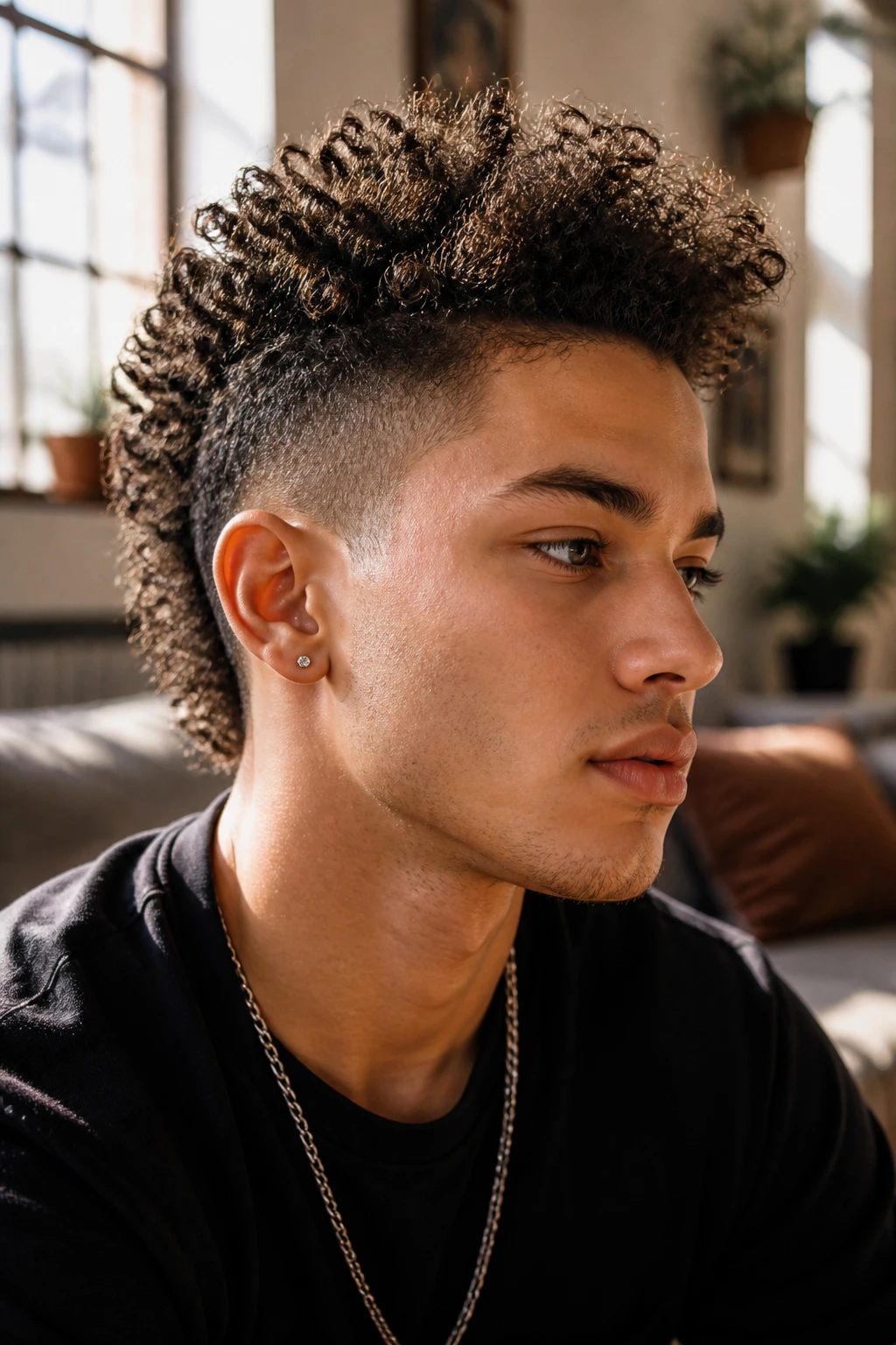 Close-up of a real person with curly hair styled into a faux hawk in a sunlit living room